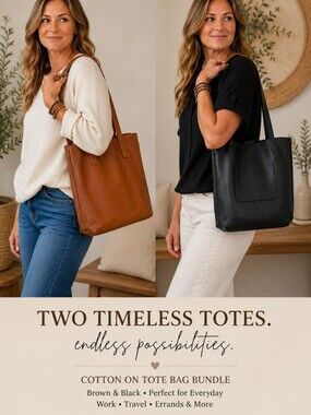 Cotton On Tote Bag Bundle Brown Carryall Tote & Black Shopper Tote Minimalist